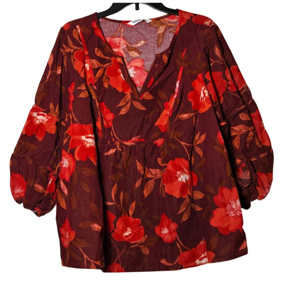 Sonoma Womens Floral Corduroy Long Sleeve Top Plus Size 2X Boho Babydoll Vneck‎